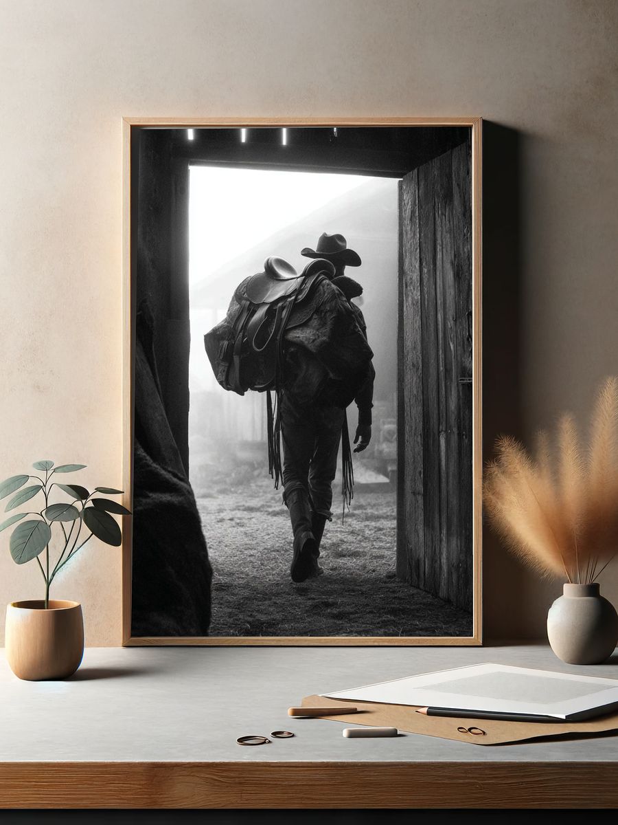 Cowboy in Barn Doorway Black-White Poster. — room view 2