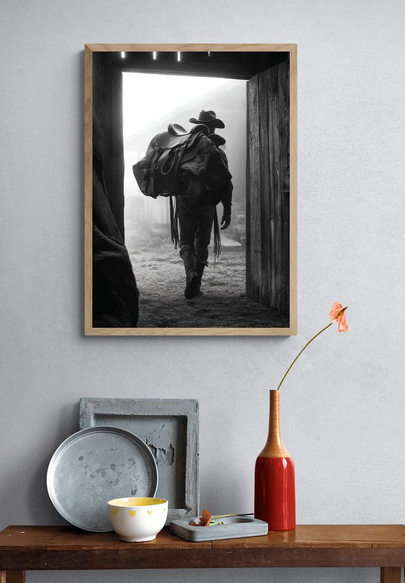 Cowboy in Barn Doorway Black-White Poster. — room view 3