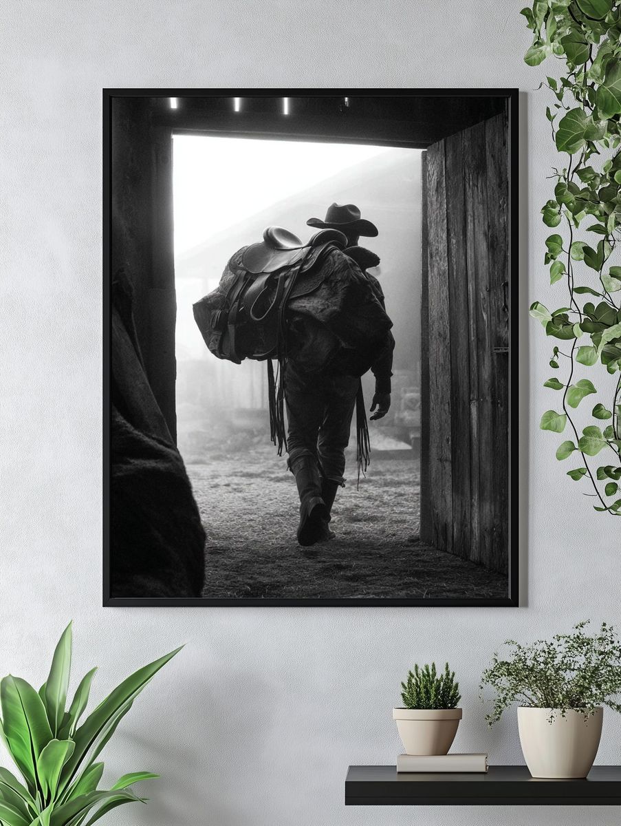 Cowboy in Barn Doorway Black-White Poster. — room view 4
