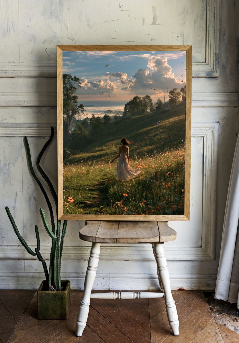 Sunlit Meadow Walk Photography Poster. — room view 1