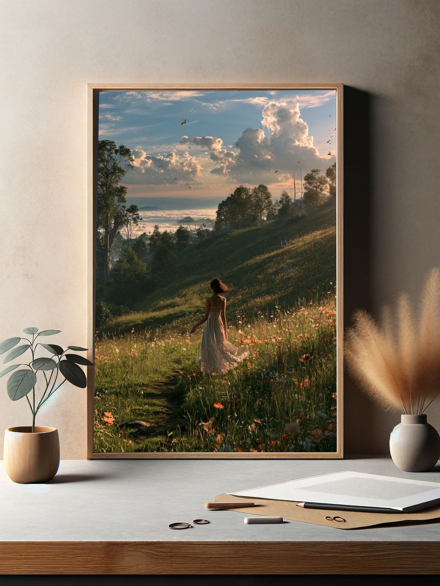 Sunlit Meadow Walk Photography Poster. — room view 2