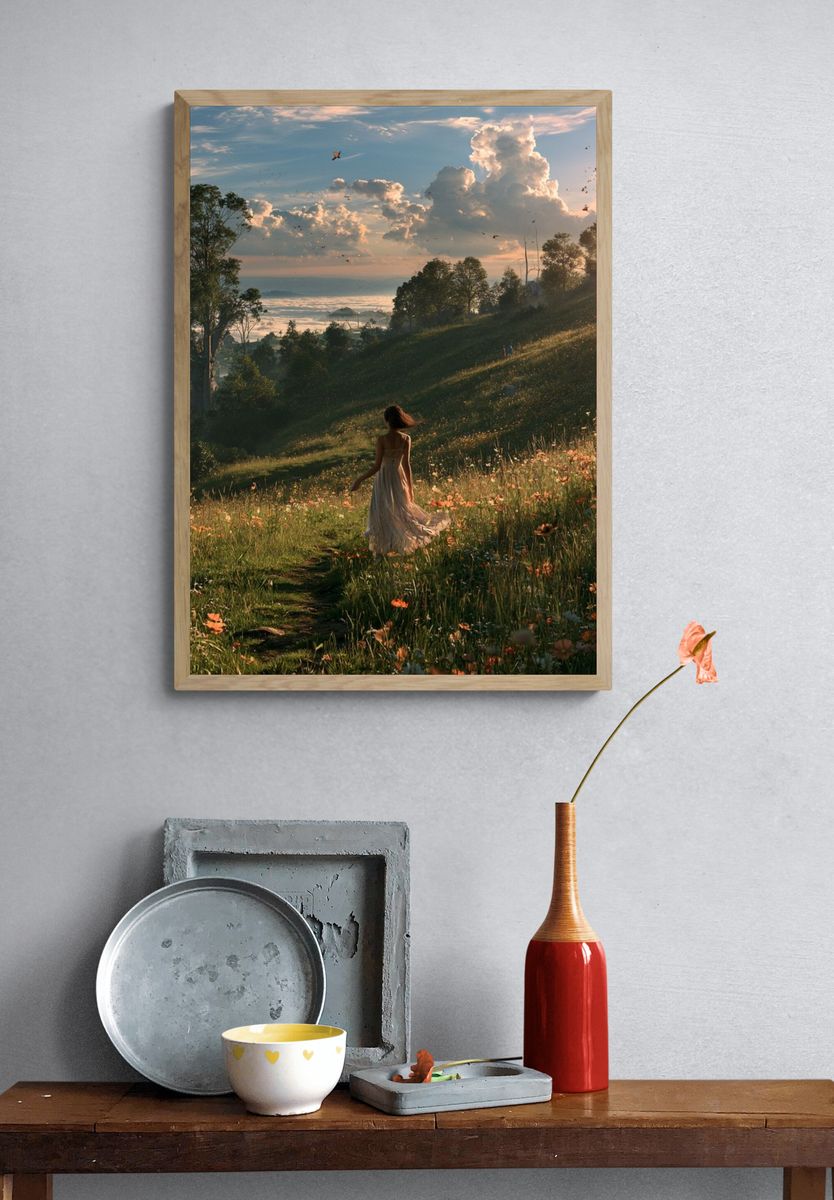 Sunlit Meadow Walk Photography Poster. — room view 3