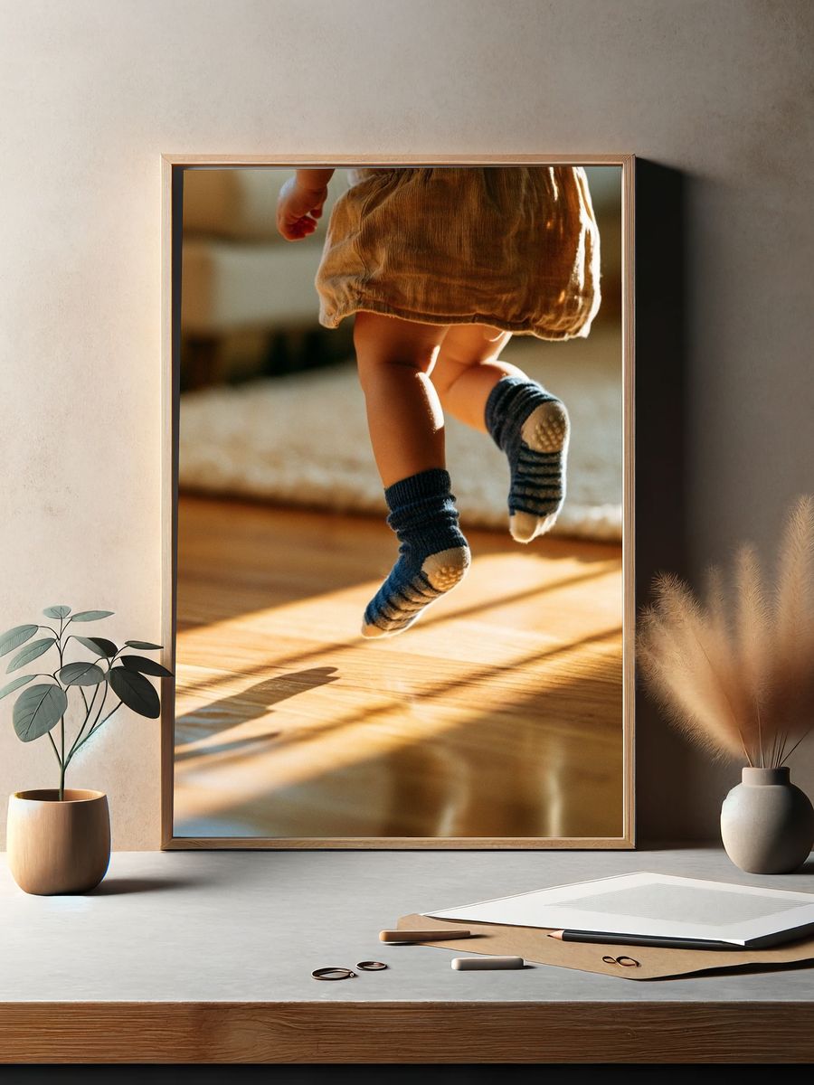 Toddler Jumping in Sunlight Photography Poster. — room view 2