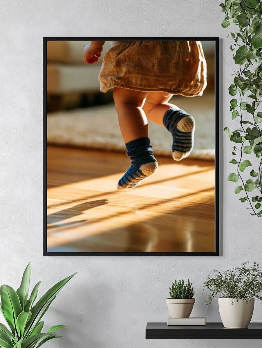 Toddler Jumping in Sunlight Photography Poster. — room view 4