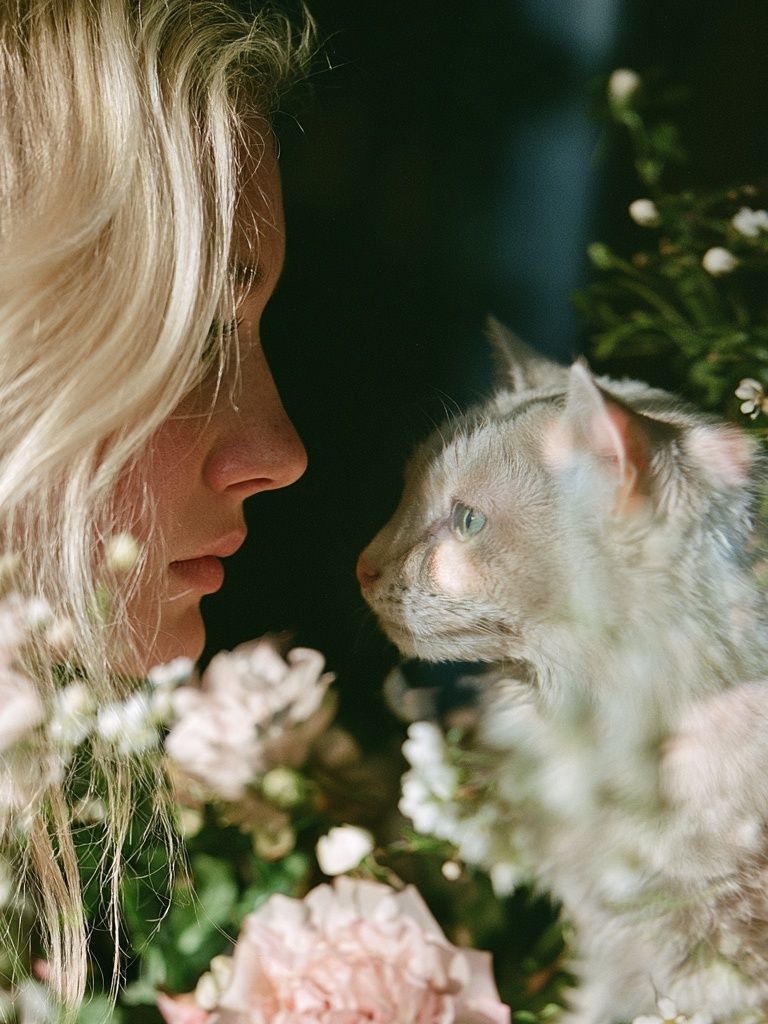 Girl and Cat Floral Portrait Poster. poster detail