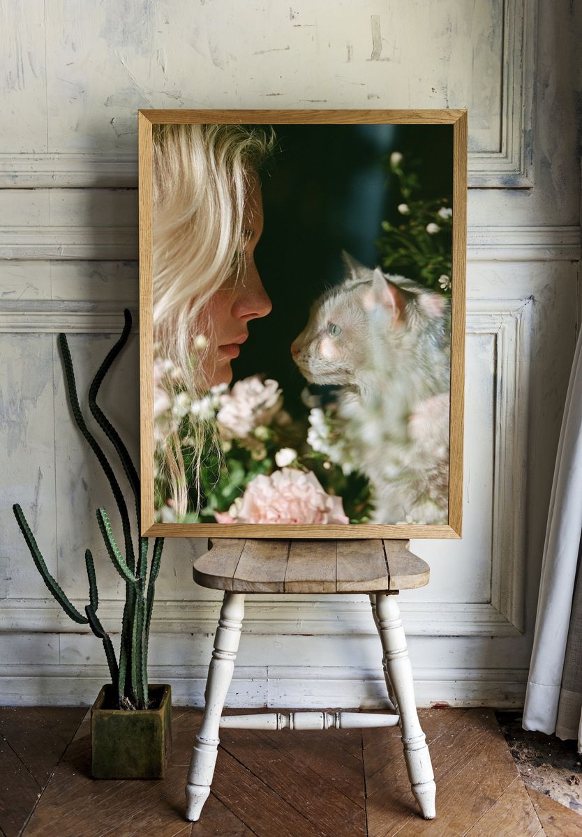 Girl and Cat Floral Portrait Poster. room preview