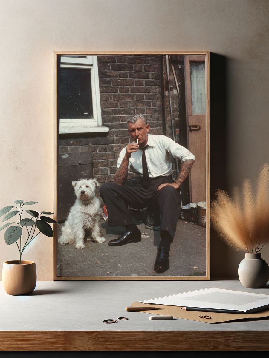Tattooed Man with Dog Photography Poster. — room view 2