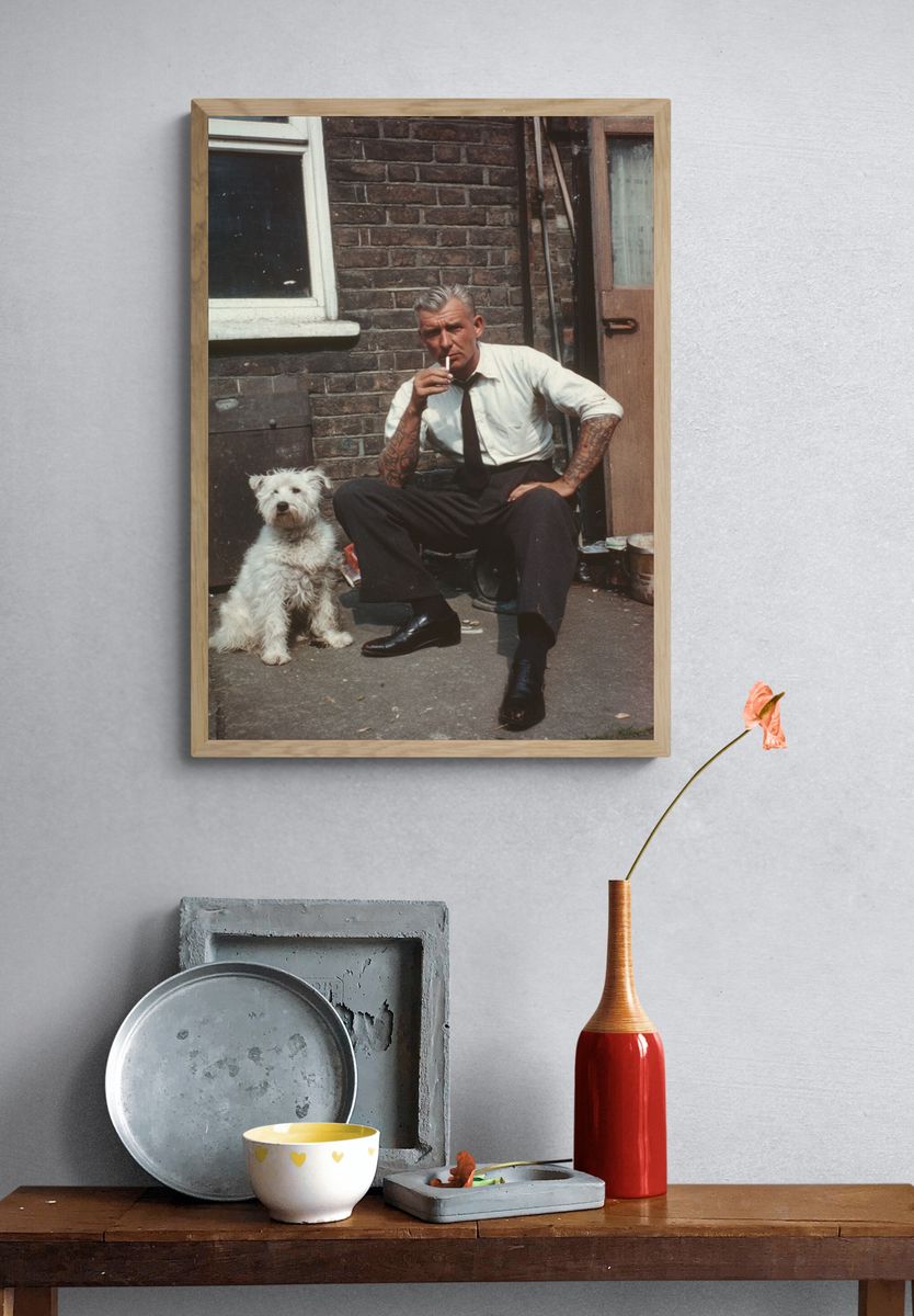 Tattooed Man with Dog Photography Poster. — room view 3