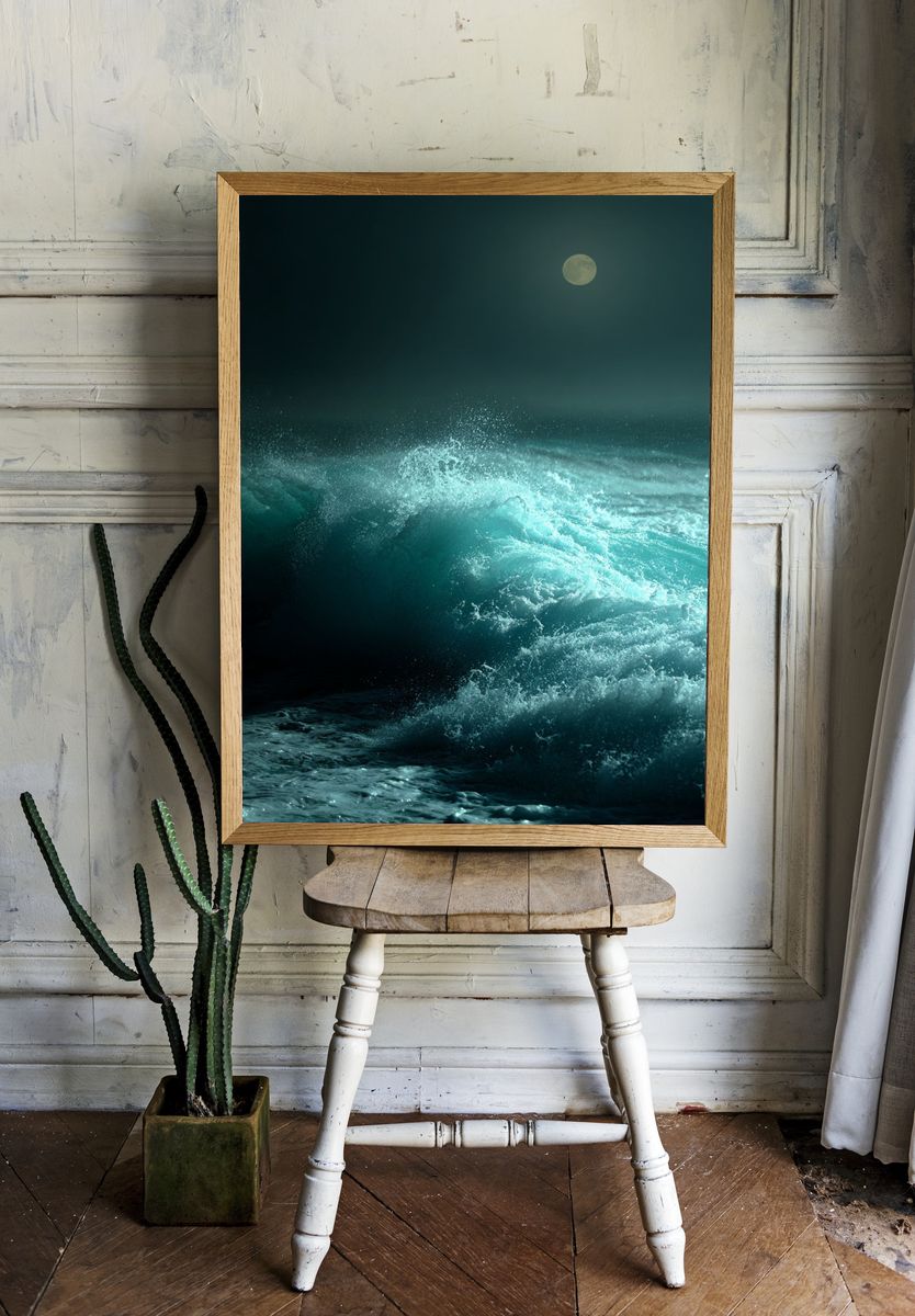 Moonlit Ocean Waves Photography Poster. — room view 1