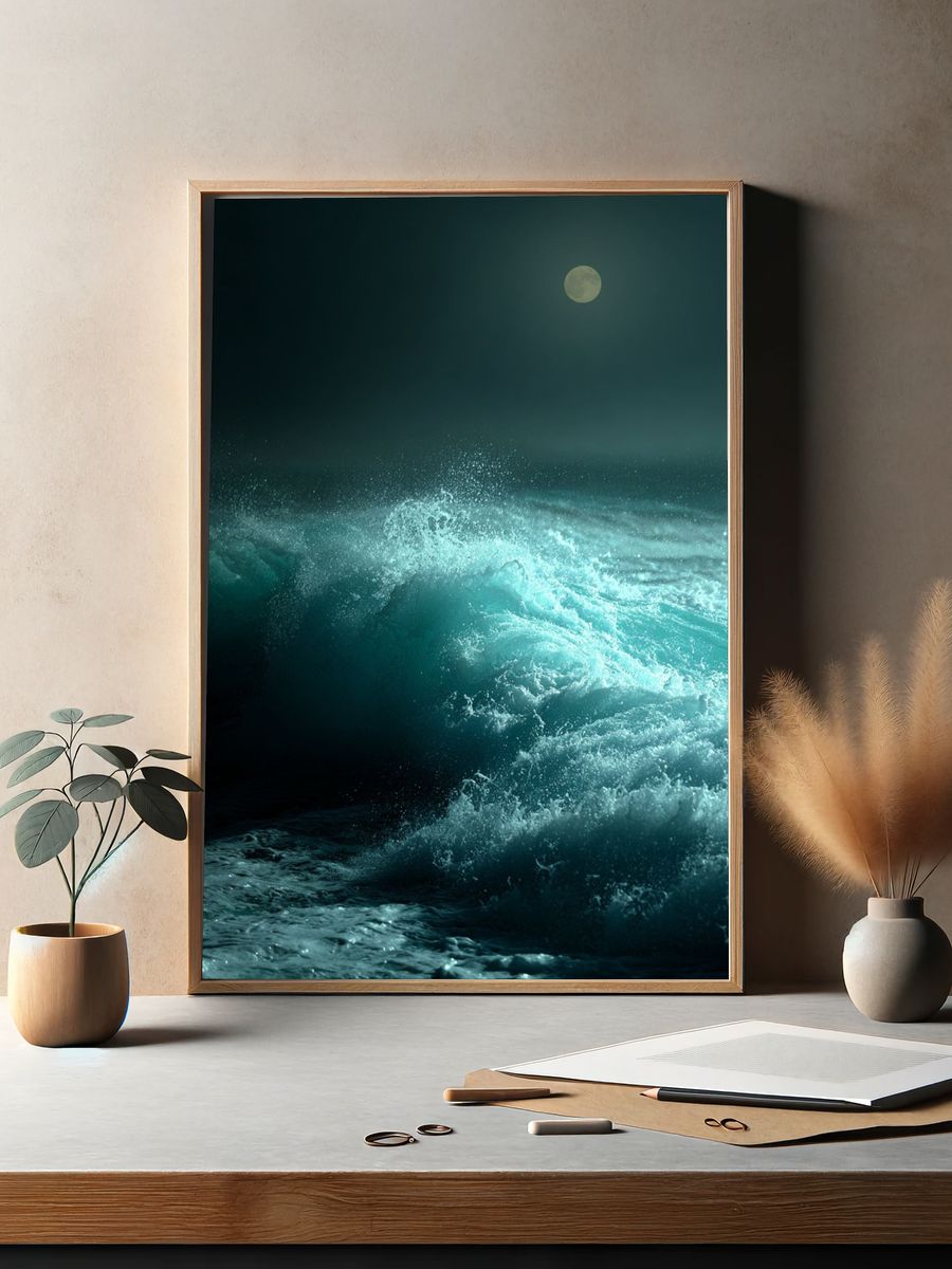 Moonlit Ocean Waves Photography Poster. — room view 2