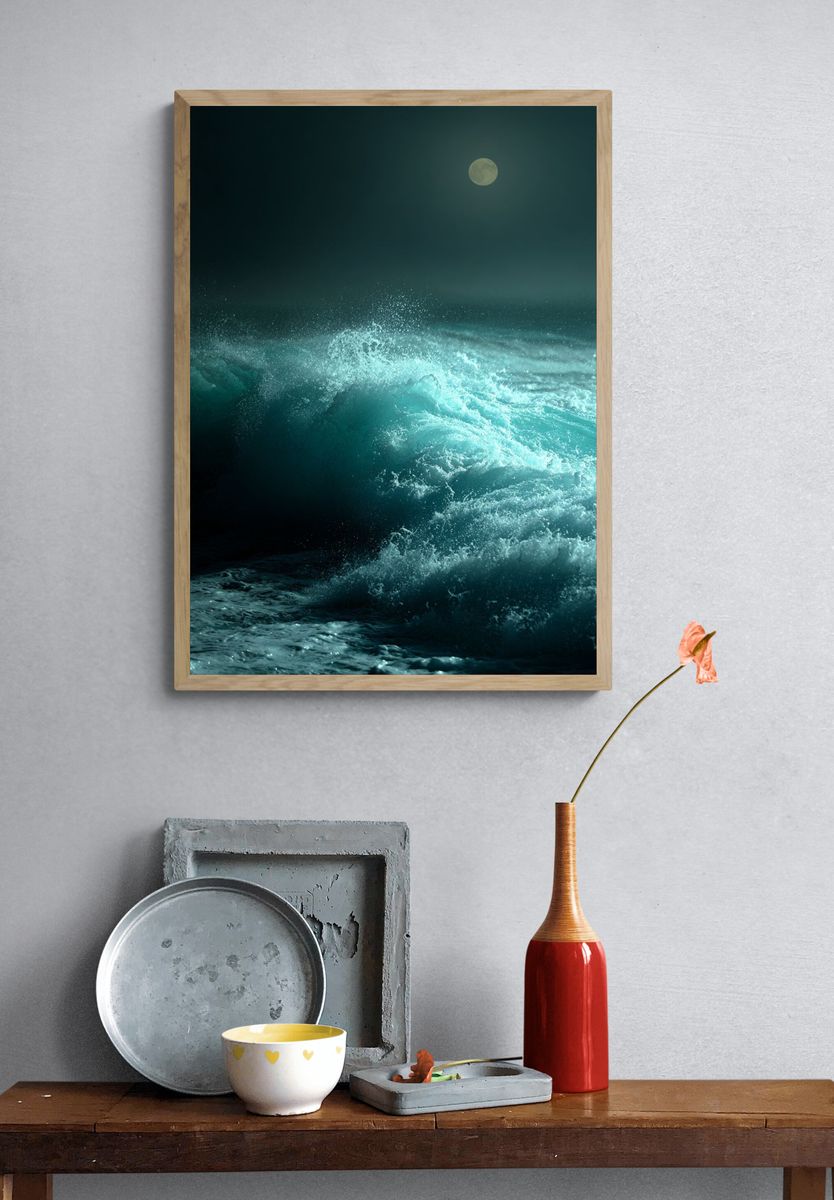 Moonlit Ocean Waves Photography Poster. — room view 3
