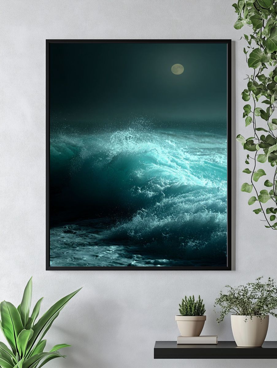 Moonlit Ocean Waves Photography Poster. — room view 4