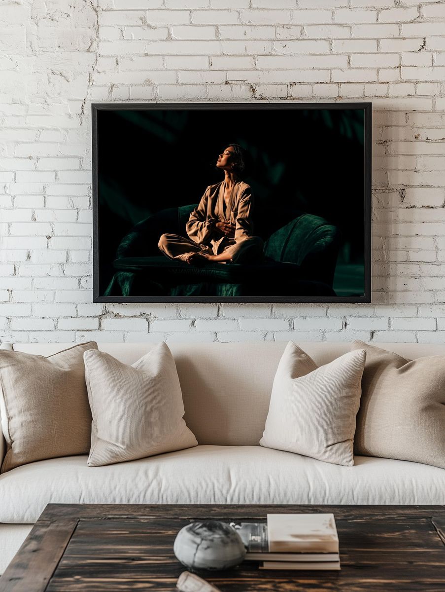 Serene Portrait on Velvet Sofa Poster. room preview