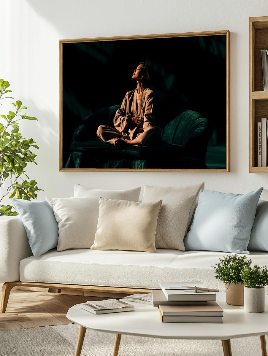 Serene Portrait on Velvet Sofa Poster. — room view 2