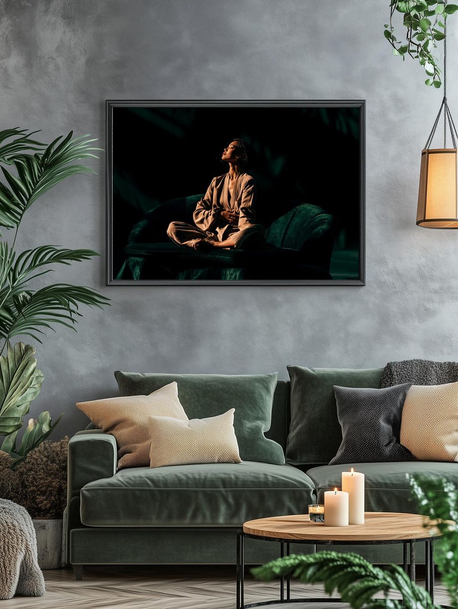 Serene Portrait on Velvet Sofa Poster. — room view 4