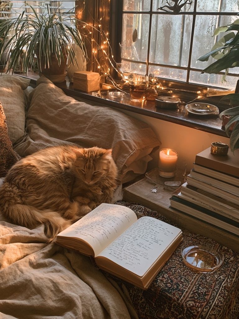 Cozy Cat Reading Nook Photography Poster. poster detail