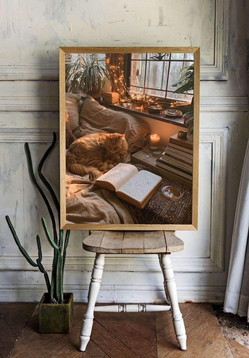 Cozy Cat Reading Nook Photography Poster. room preview