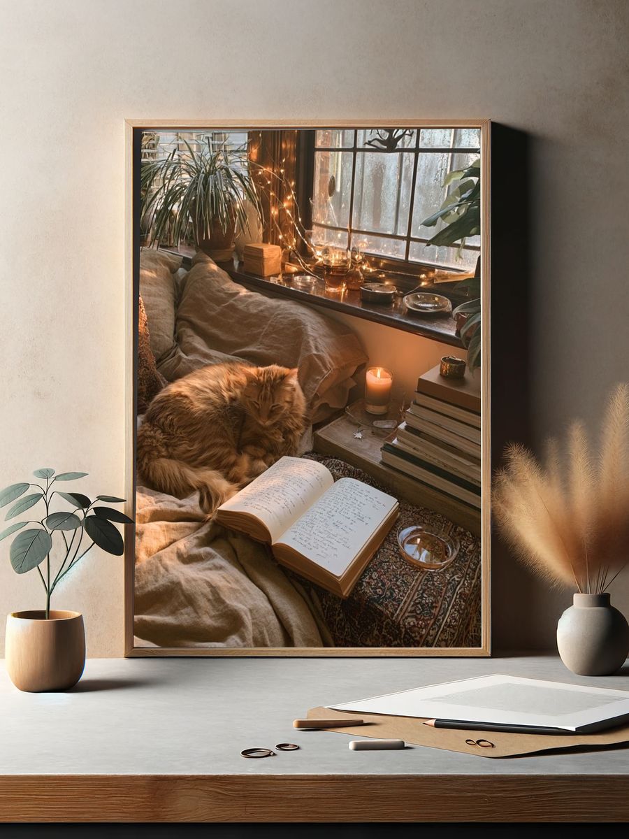 Cozy Cat Reading Nook Photography Poster. — room view 2