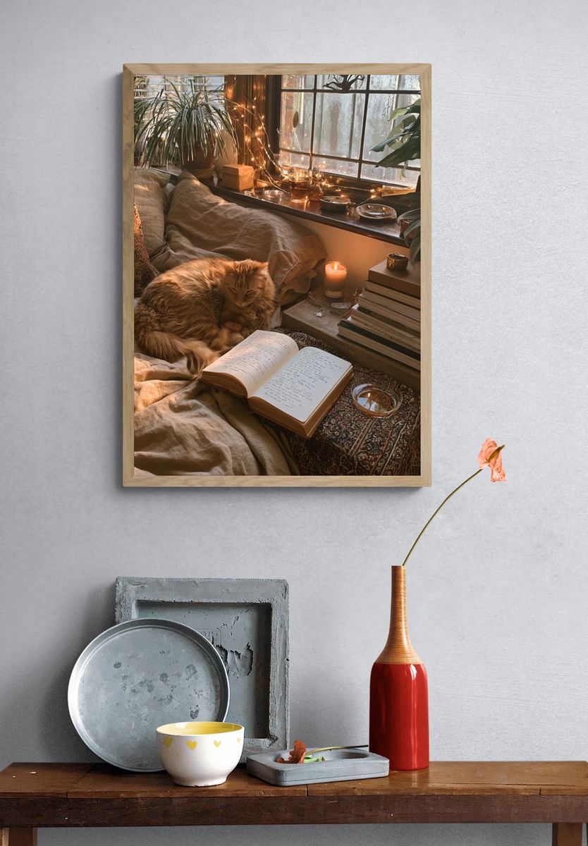 Cozy Cat Reading Nook Photography Poster. — room view 3