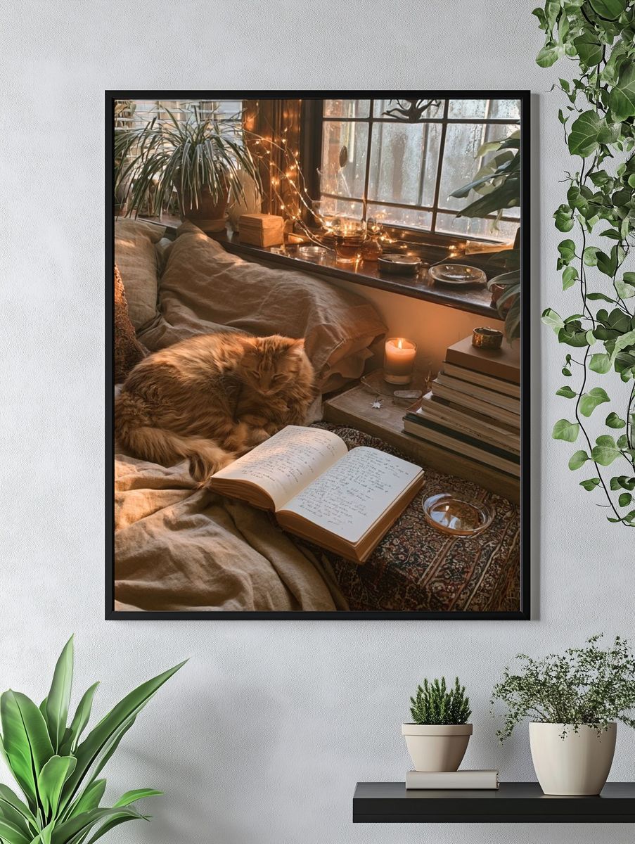 Cozy Cat Reading Nook Photography Poster. — room view 4