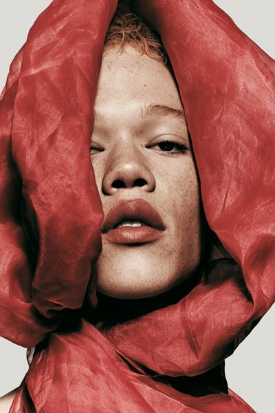 Red Fabric Portrait Photography Print. poster