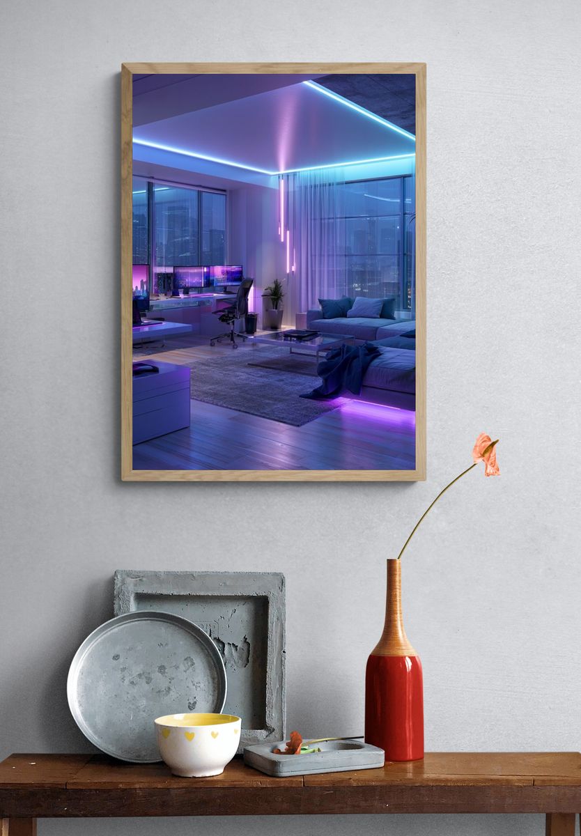 Neon Cyberpunk Interior Photography Poster. — room view 3