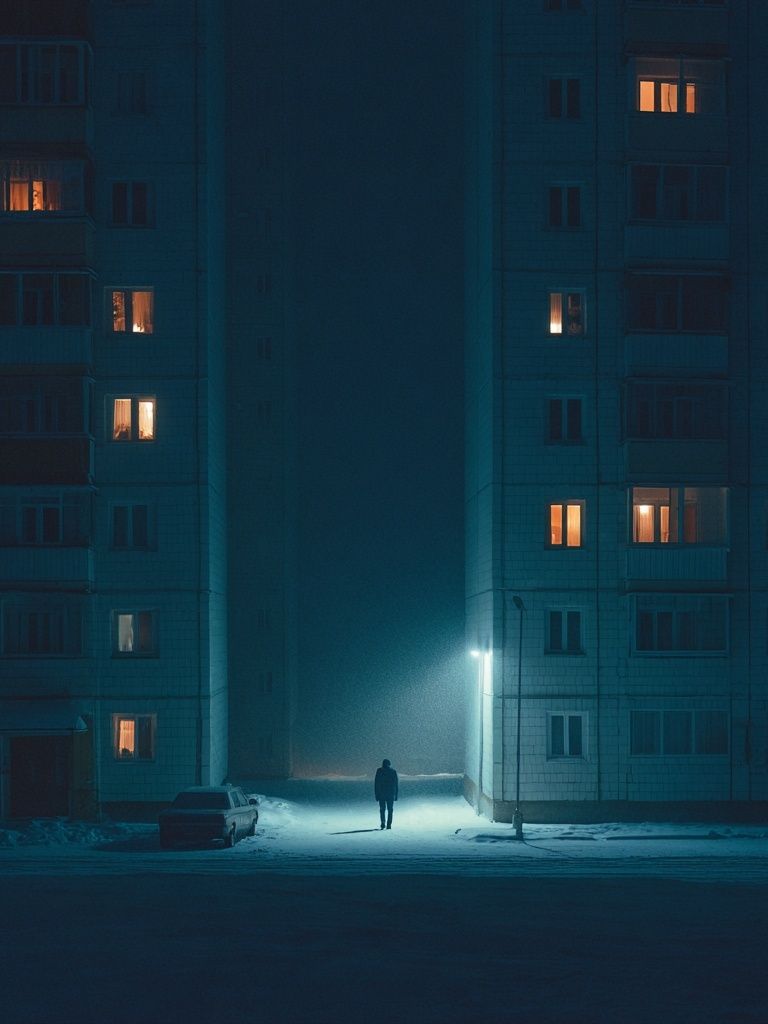 Snowy Apartment Block Night Poster. poster detail