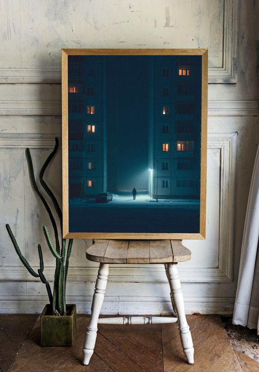 Snowy Apartment Block Night Poster. room preview