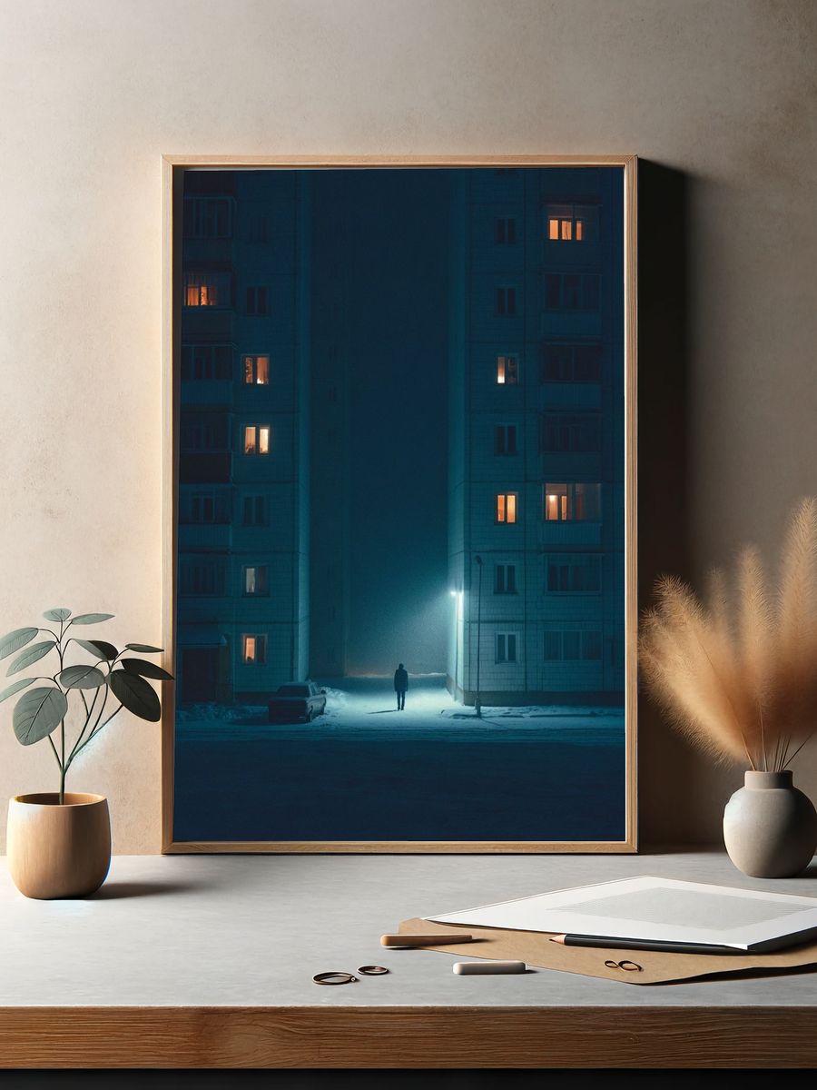Snowy Apartment Block Night Poster. — room view 2