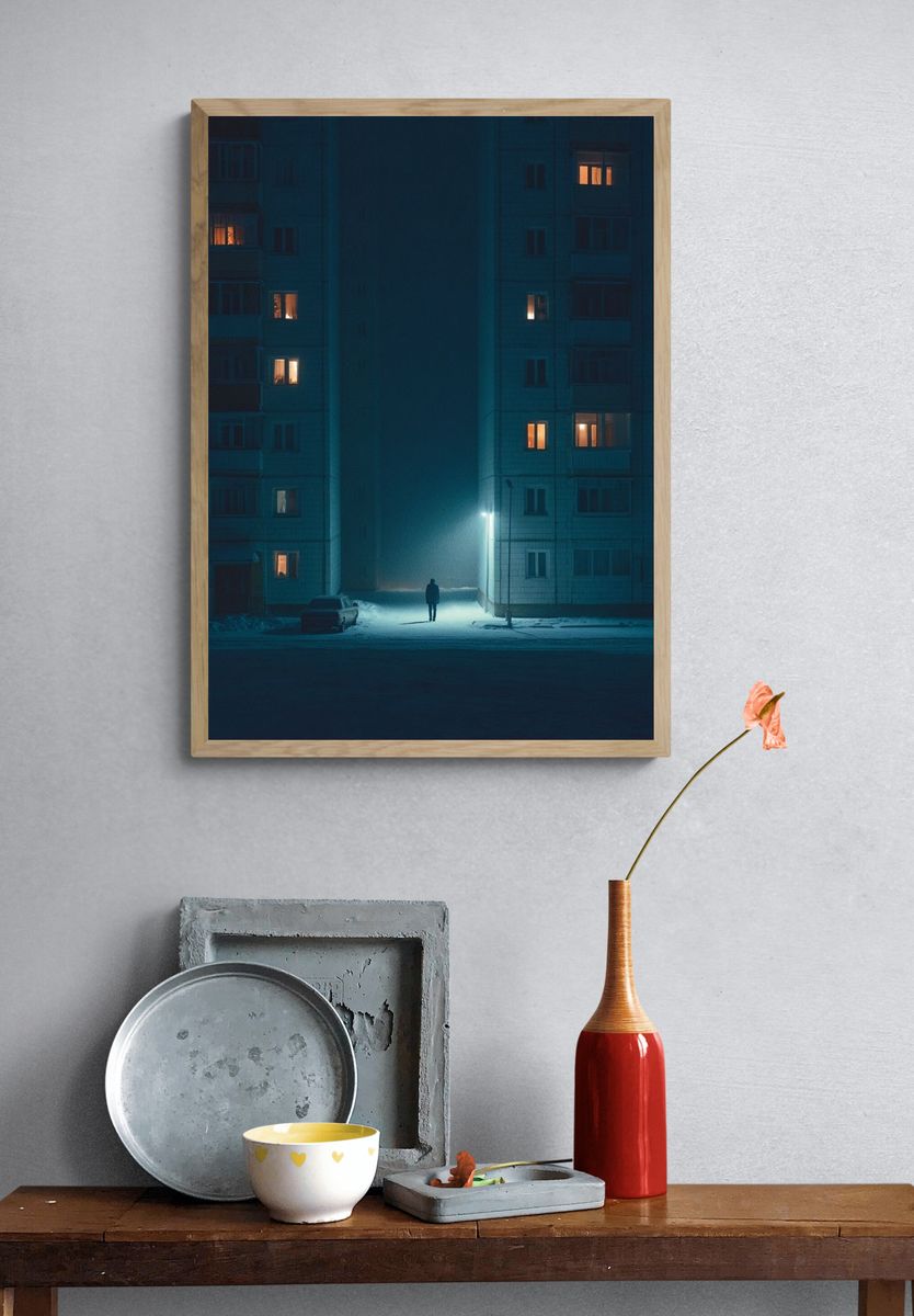 Snowy Apartment Block Night Poster. — room view 3