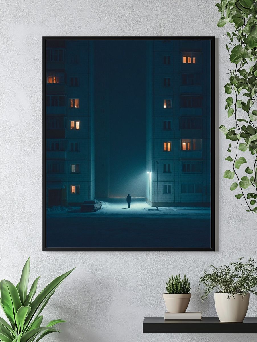 Snowy Apartment Block Night Poster. — room view 4