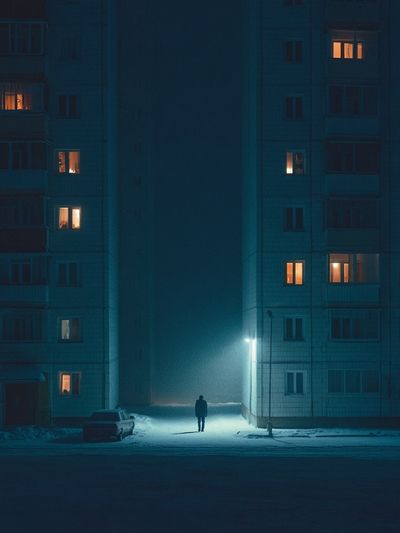 Snowy Apartment Block Night Poster.