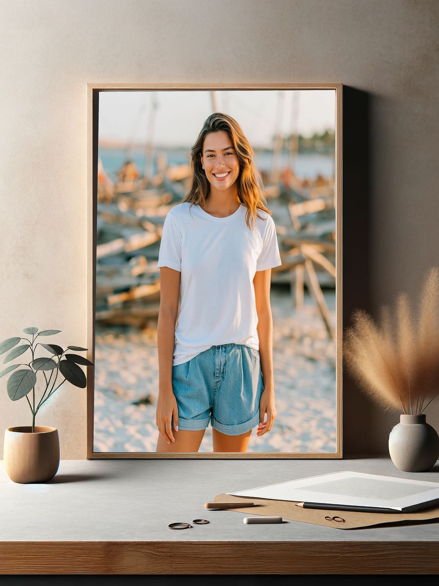 Smiling Woman at the Marina Photography Poster. — room view 2