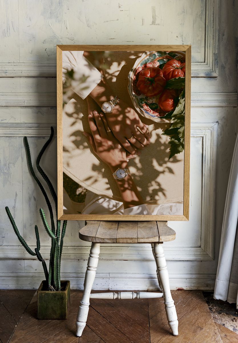 Sunlit Hands and Tomatoes Photography Poster. room preview