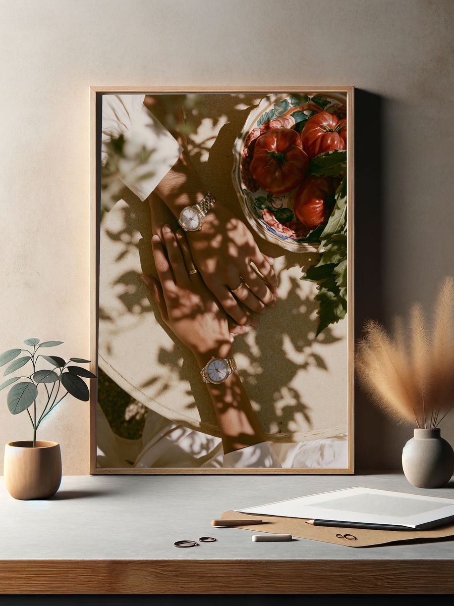 Sunlit Hands and Tomatoes Photography Poster. — room view 2