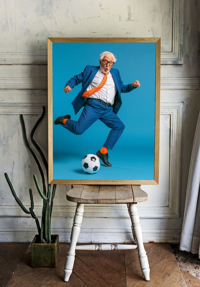 Elderly Soccer Jump Photography Poster. — room view 1