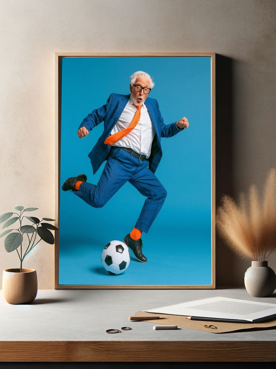 Elderly Soccer Jump Photography Poster. — room view 2