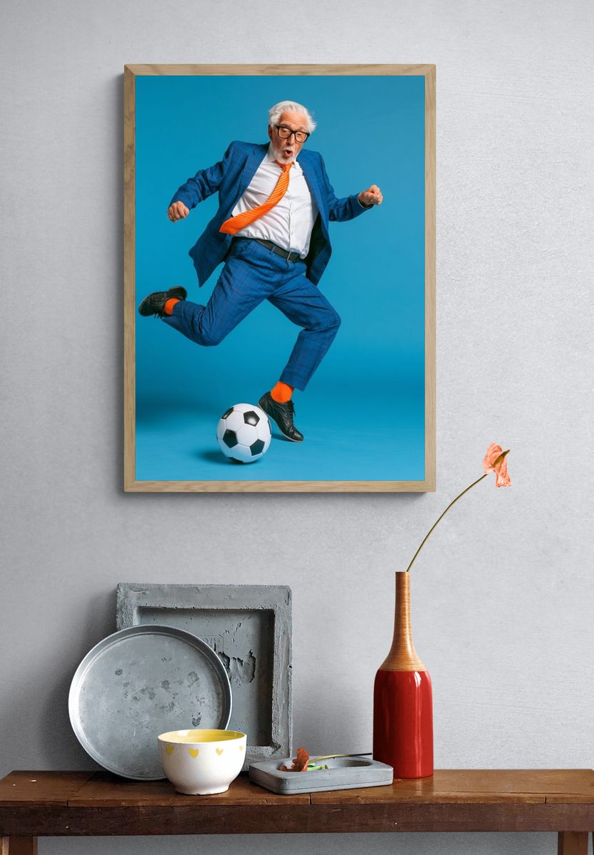 Elderly Soccer Jump Photography Poster. — room view 3