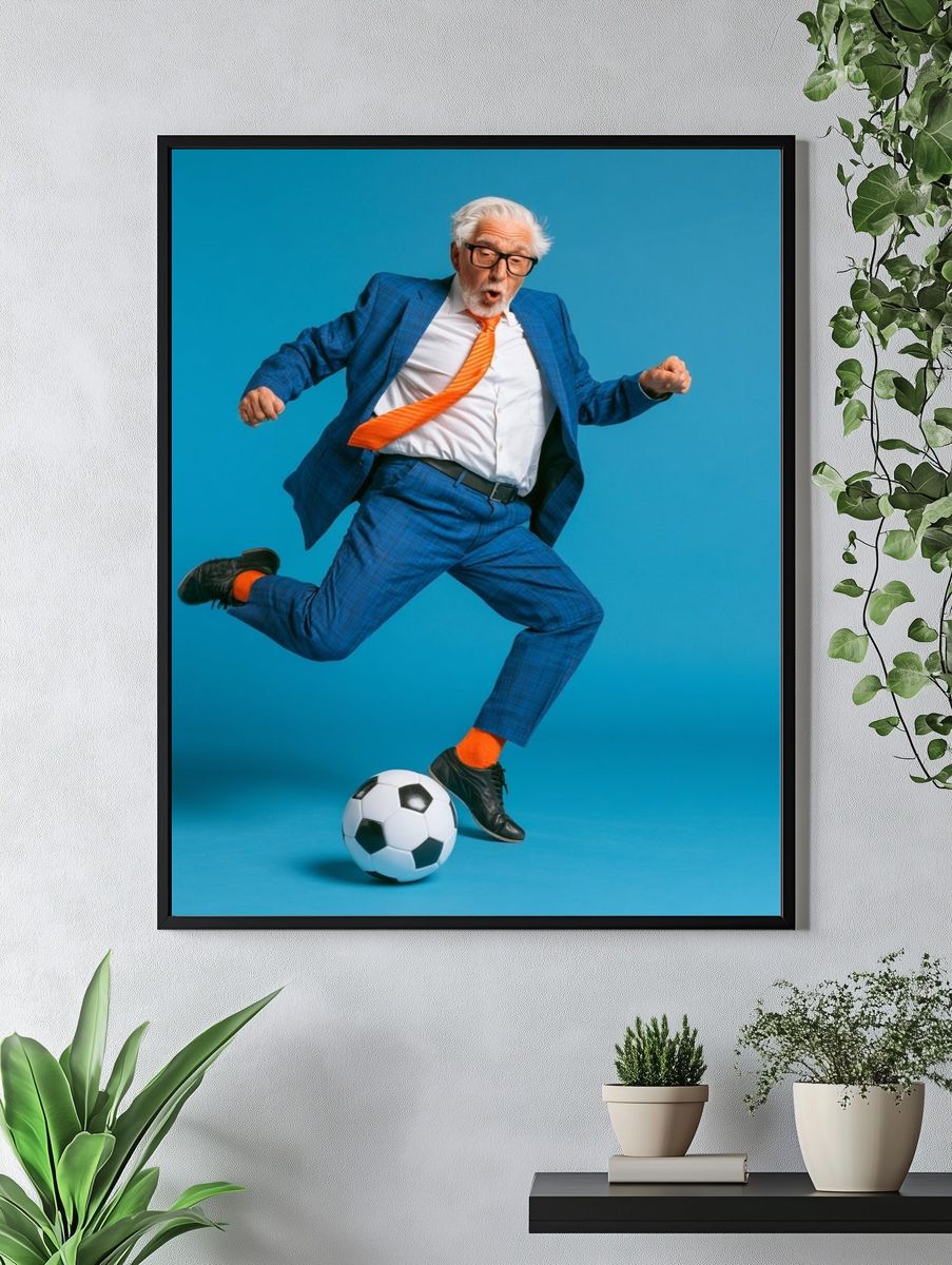Elderly Soccer Jump Photography Poster. — room view 4