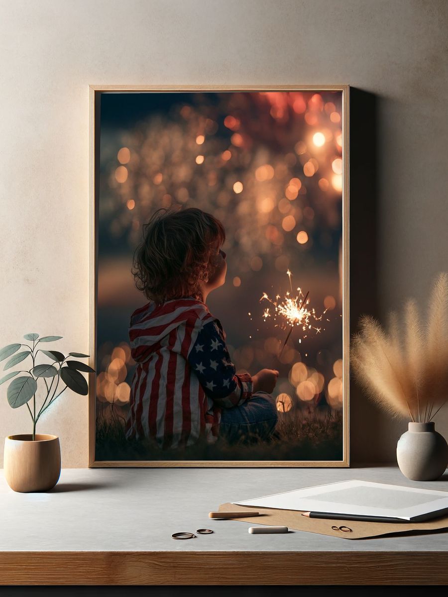 Child with Sparkler Photography Poster. — room view 2