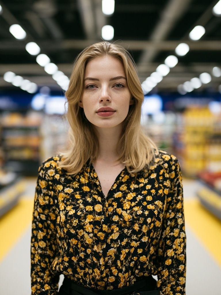 Blonde Portrait in Supermarket Poster. poster detail
