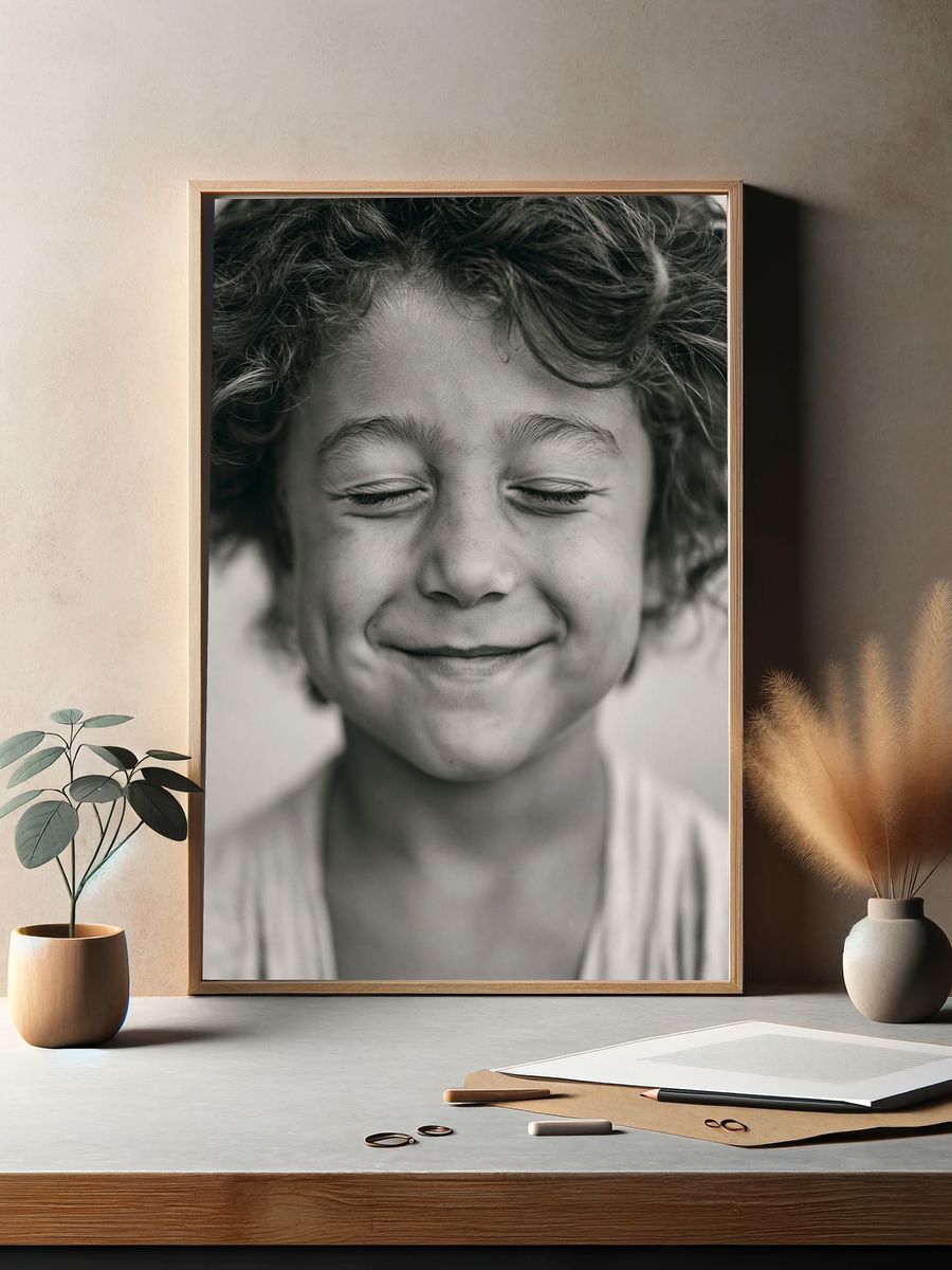 Smiling Child Portrait Black-White Poster. — room view 2
