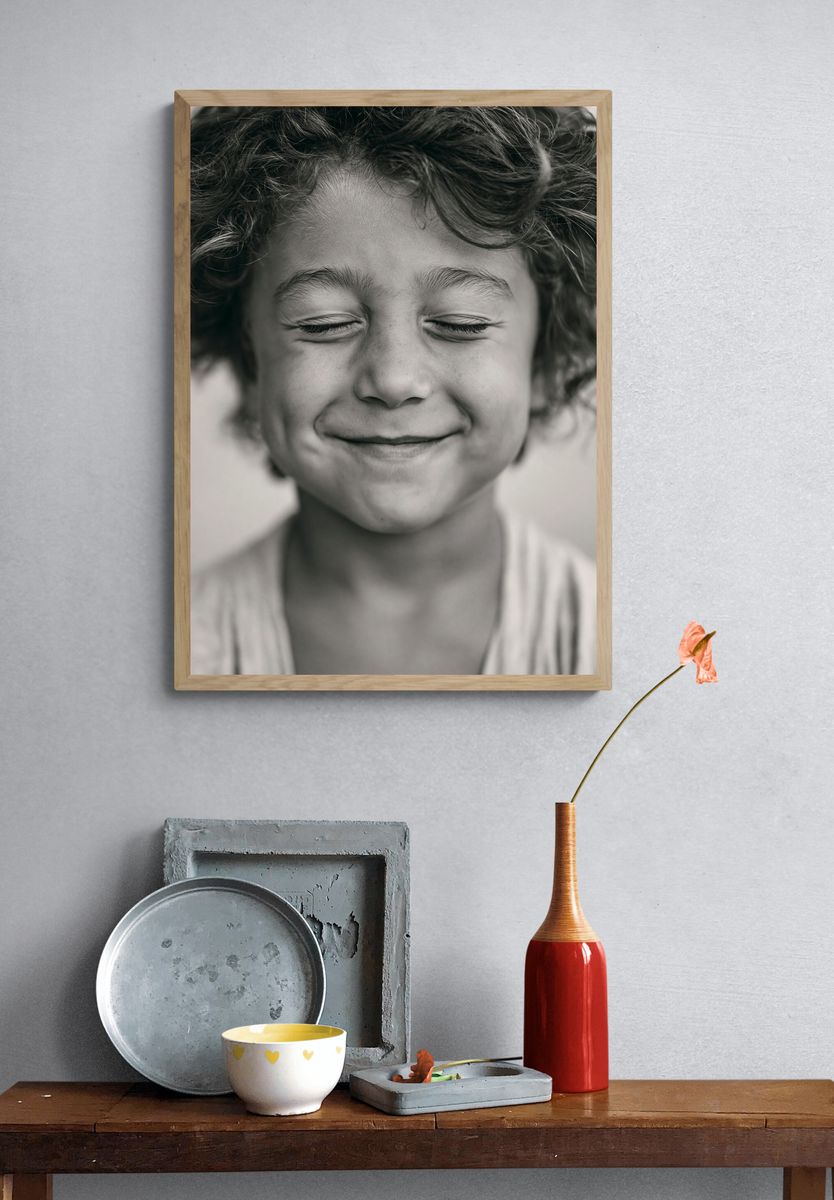 Smiling Child Portrait Black-White Poster. — room view 3