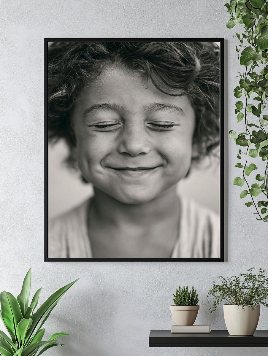 Smiling Child Portrait Black-White Poster. — room view 4
