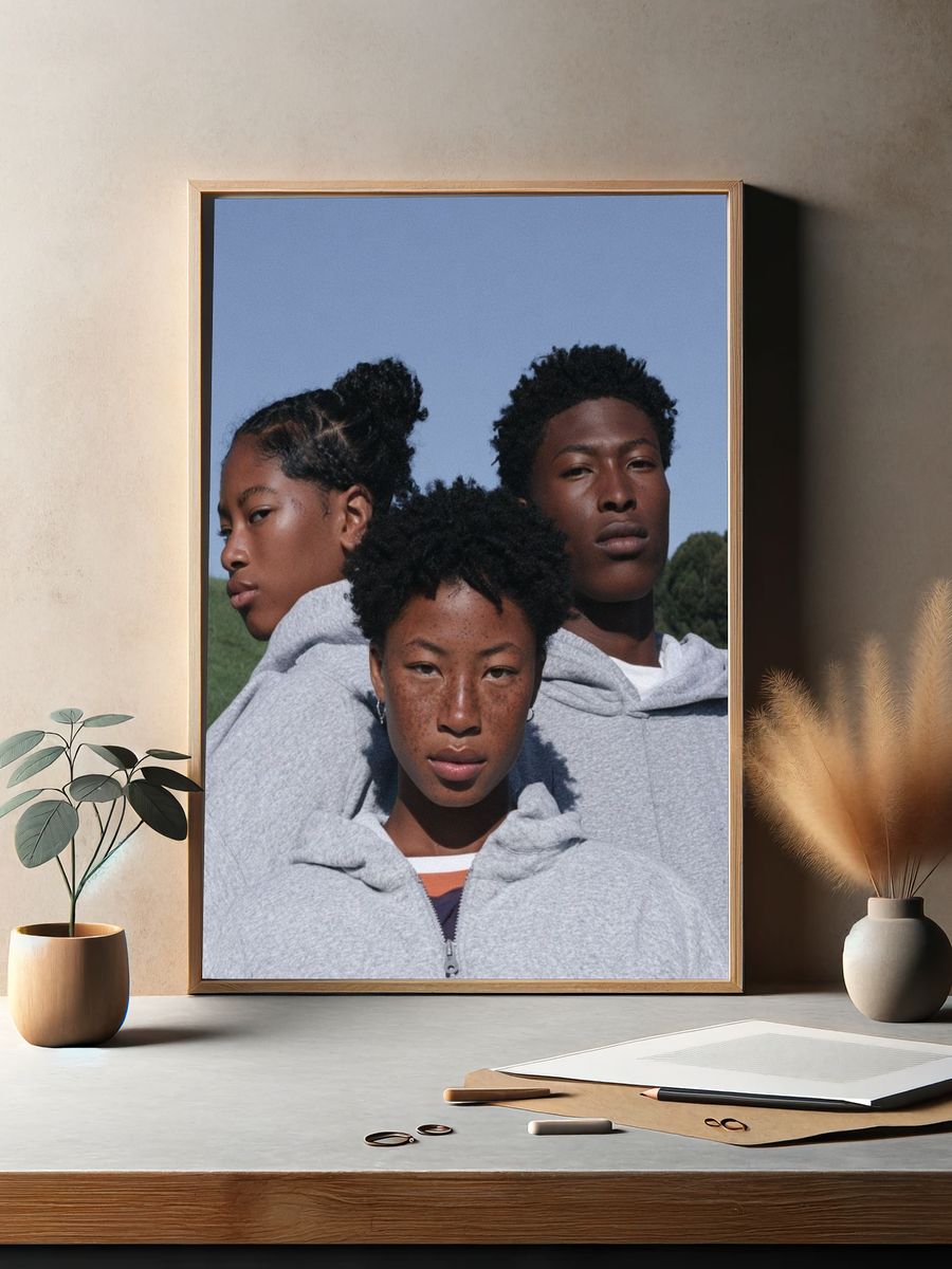 Three Portraits in Grey Hoodie Poster. — room view 2