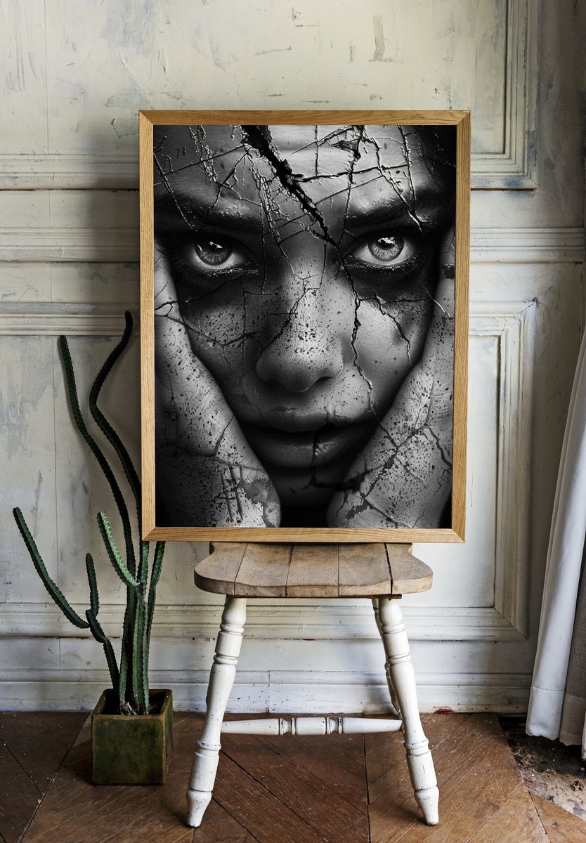Cracked Face Black-White Portrait Poster. — room view 1