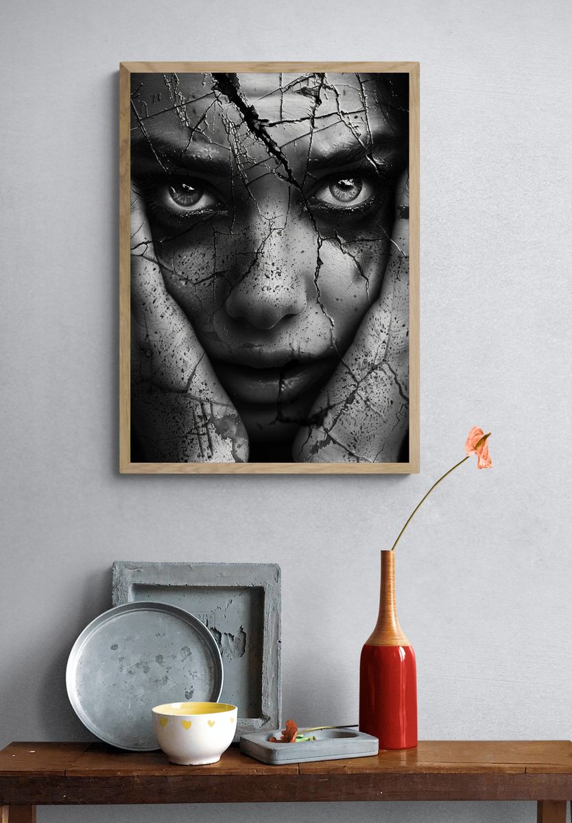 Cracked Face Black-White Portrait Poster. — room view 3