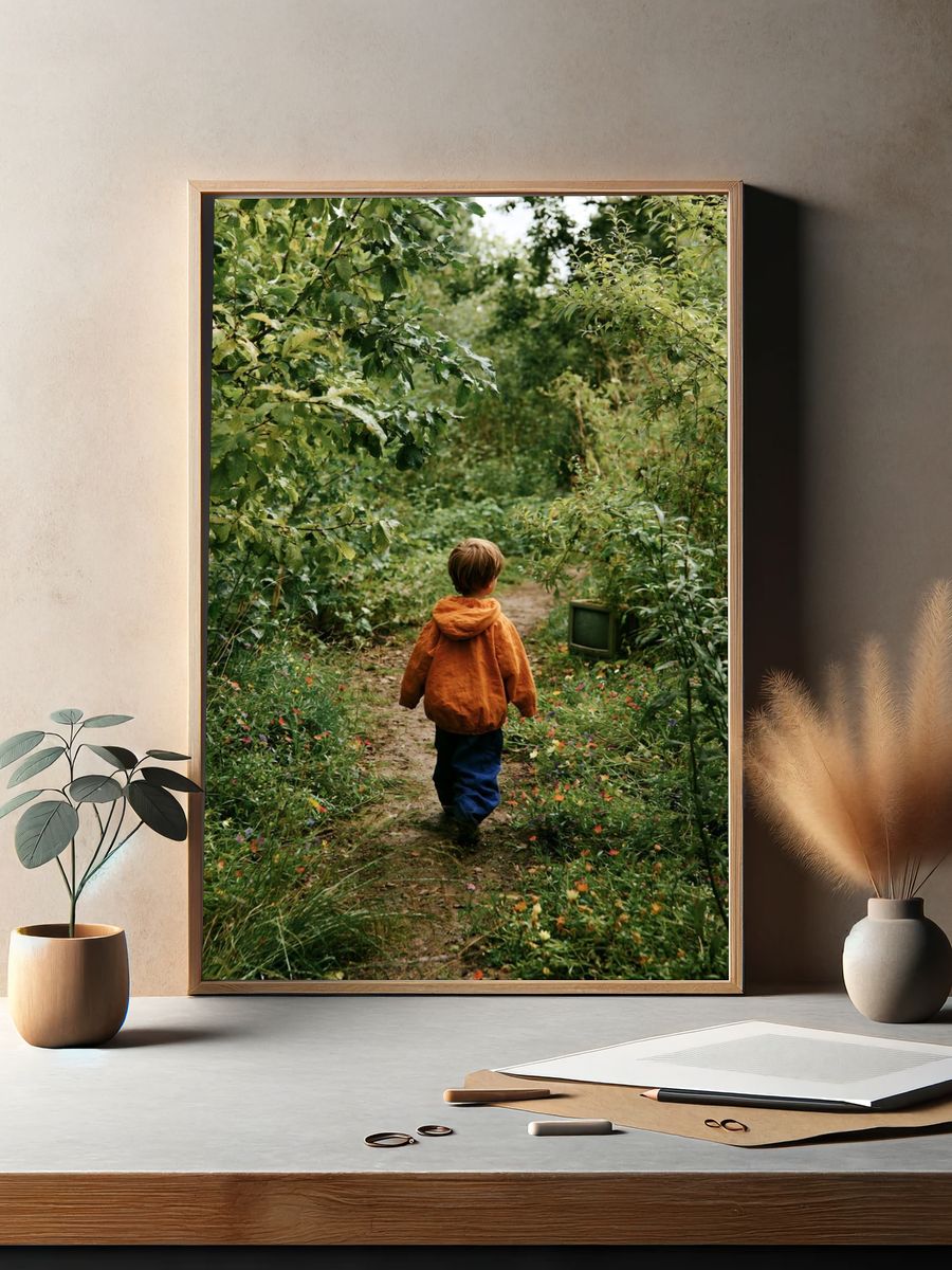 Child in Woodland Path Photography Poster. — room view 2