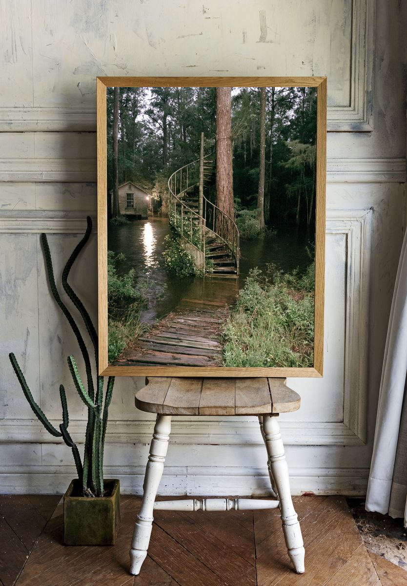 Swamp Cabin Stairway Photography Poster. room preview