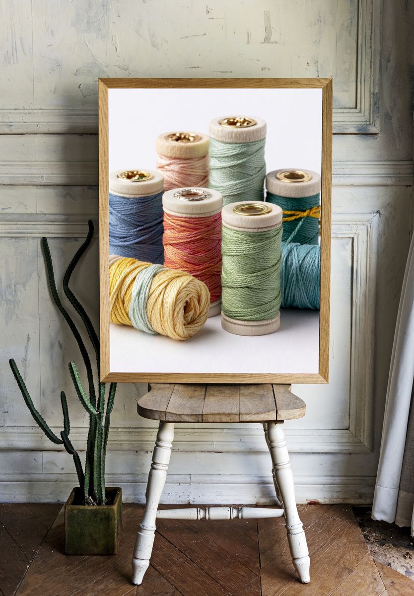 Pastel Thread Spools Photography Poster. room preview